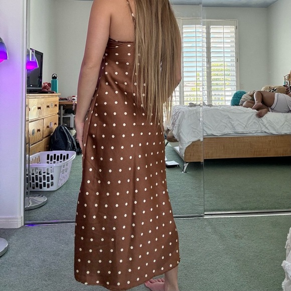 Japna Brown with Tan Polka Dots Midi Satin Dress - Picture 2 of 7